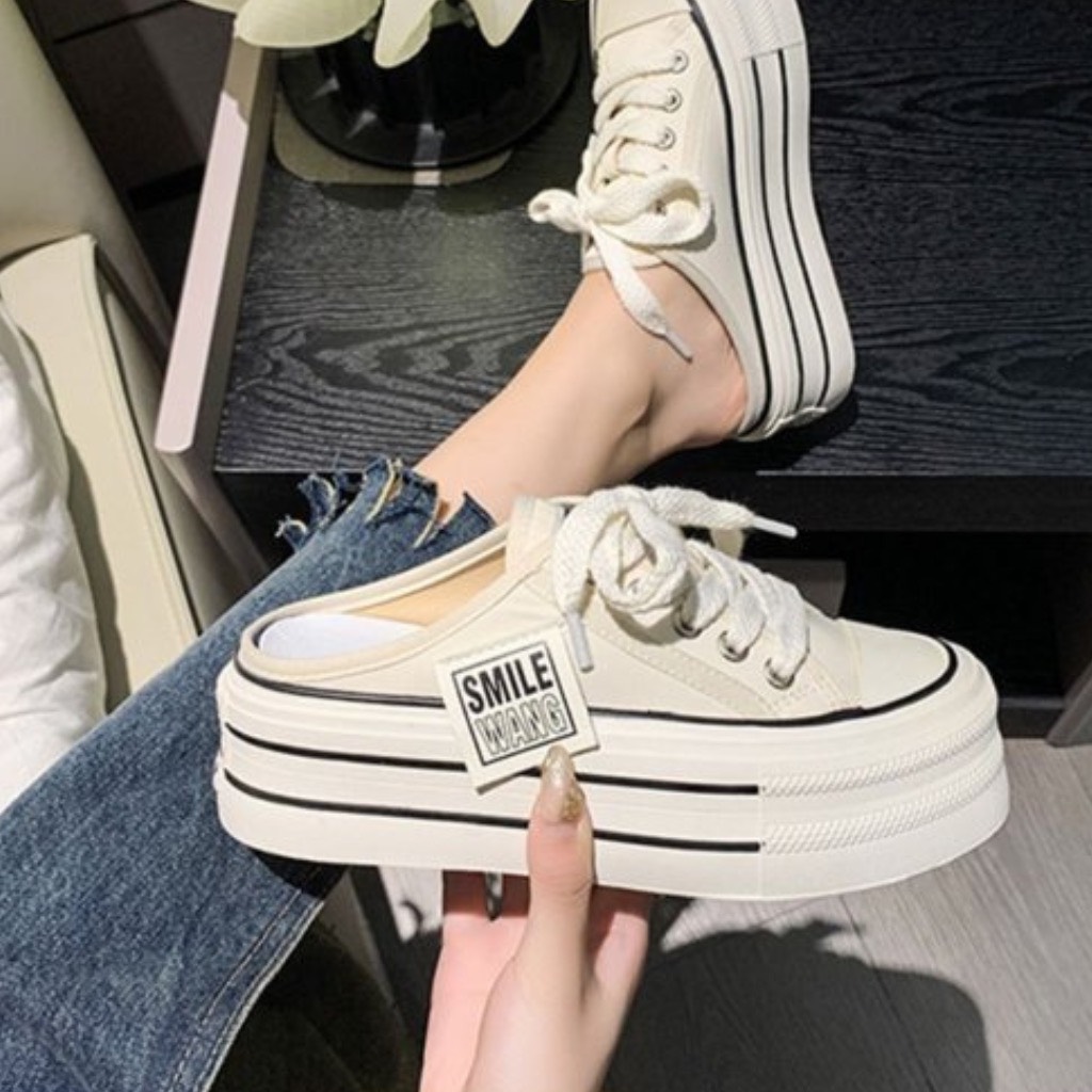 New style smile women's loafers with 5cm flat sole HOT open heel shoe model in 2024