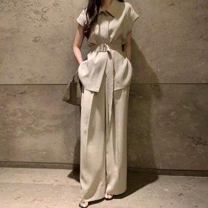 Clam Sleeve Shirt, Wide Leg Pants with Belt